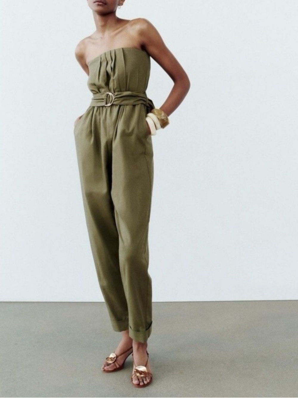 Zara olive green strapless jumpsuit pant